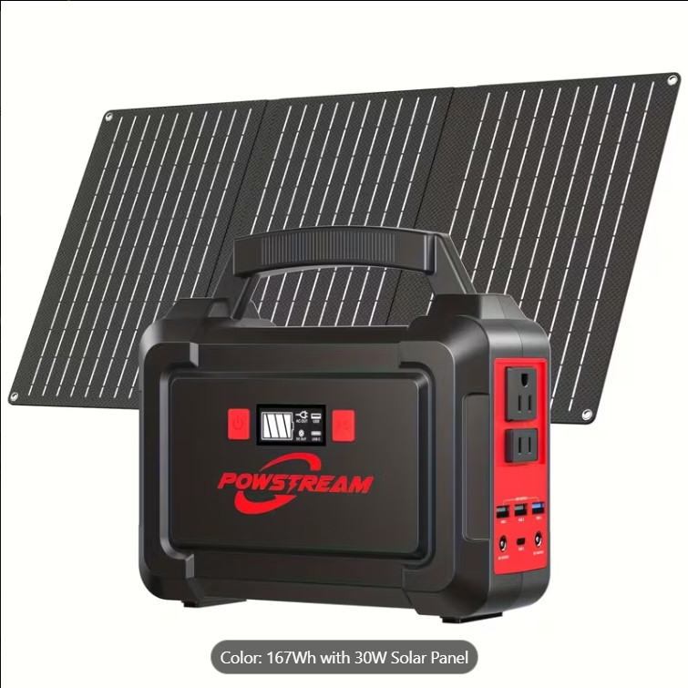 Portable Power Station 167Wh w/ 30W Solar Panel 350W Backup Power Bank with 2*AC