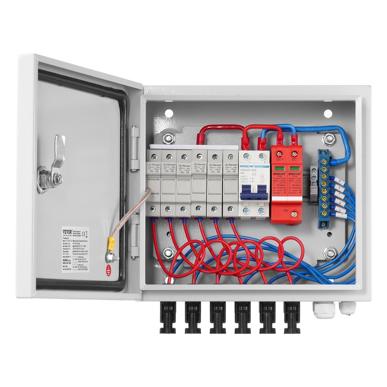 6 String 15A Solar PV Combiner Box IP65 Rated Steel Enclosure Waterproof Design