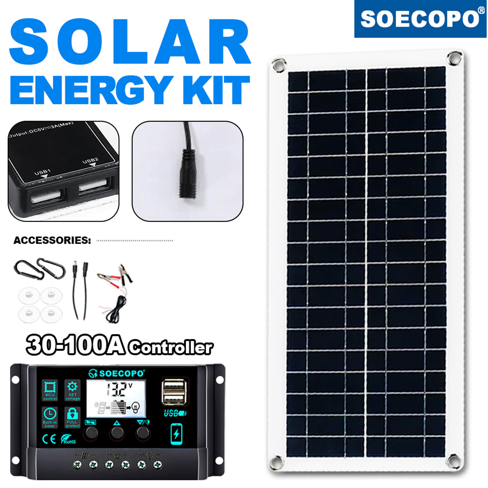 Solar Panel Kit 10A-100A Controller 12-18V Battery Charger Dual USB Caravan