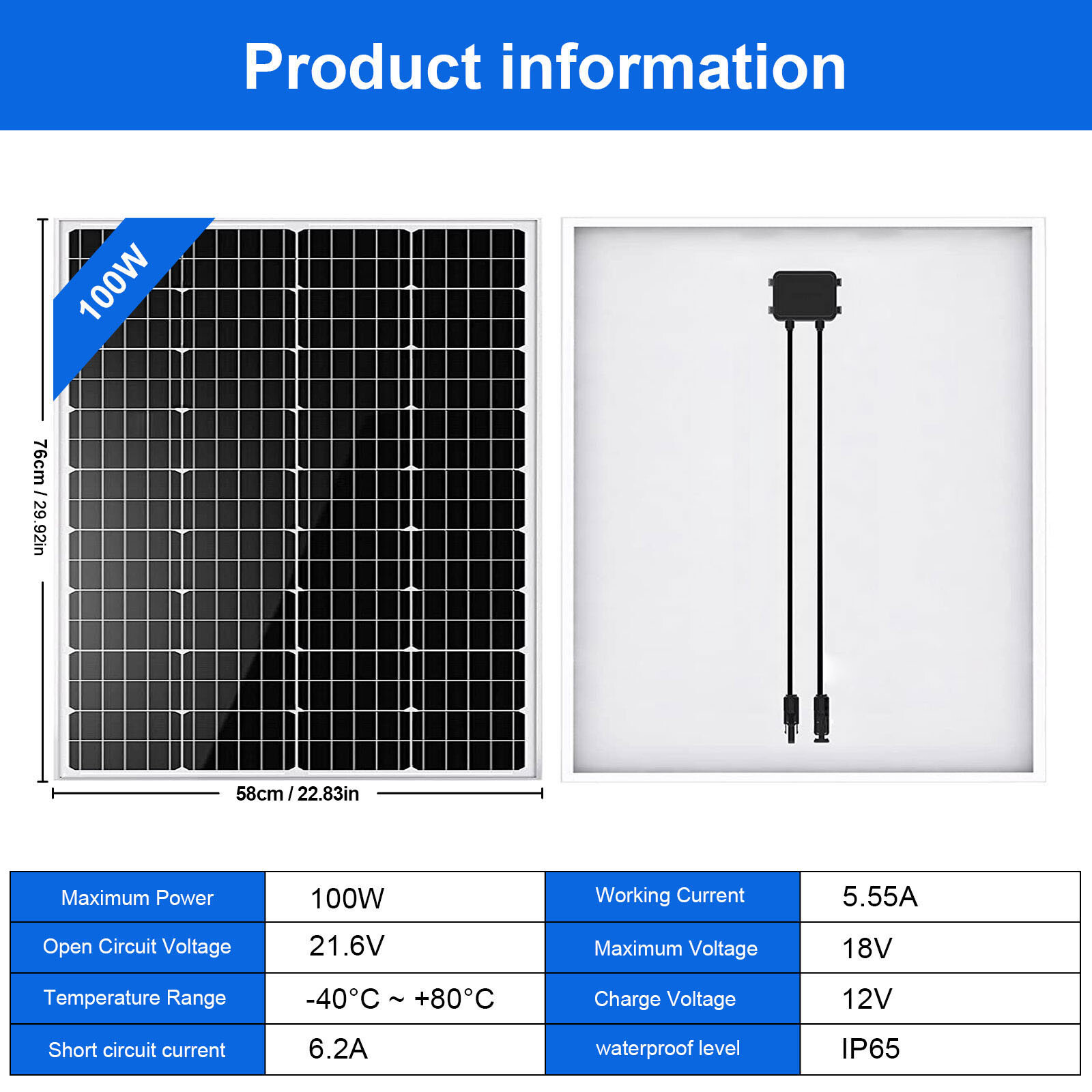 100W 12V Solar Panel High Efficiency PV Monocrystalline For RV Boat Home Caravan