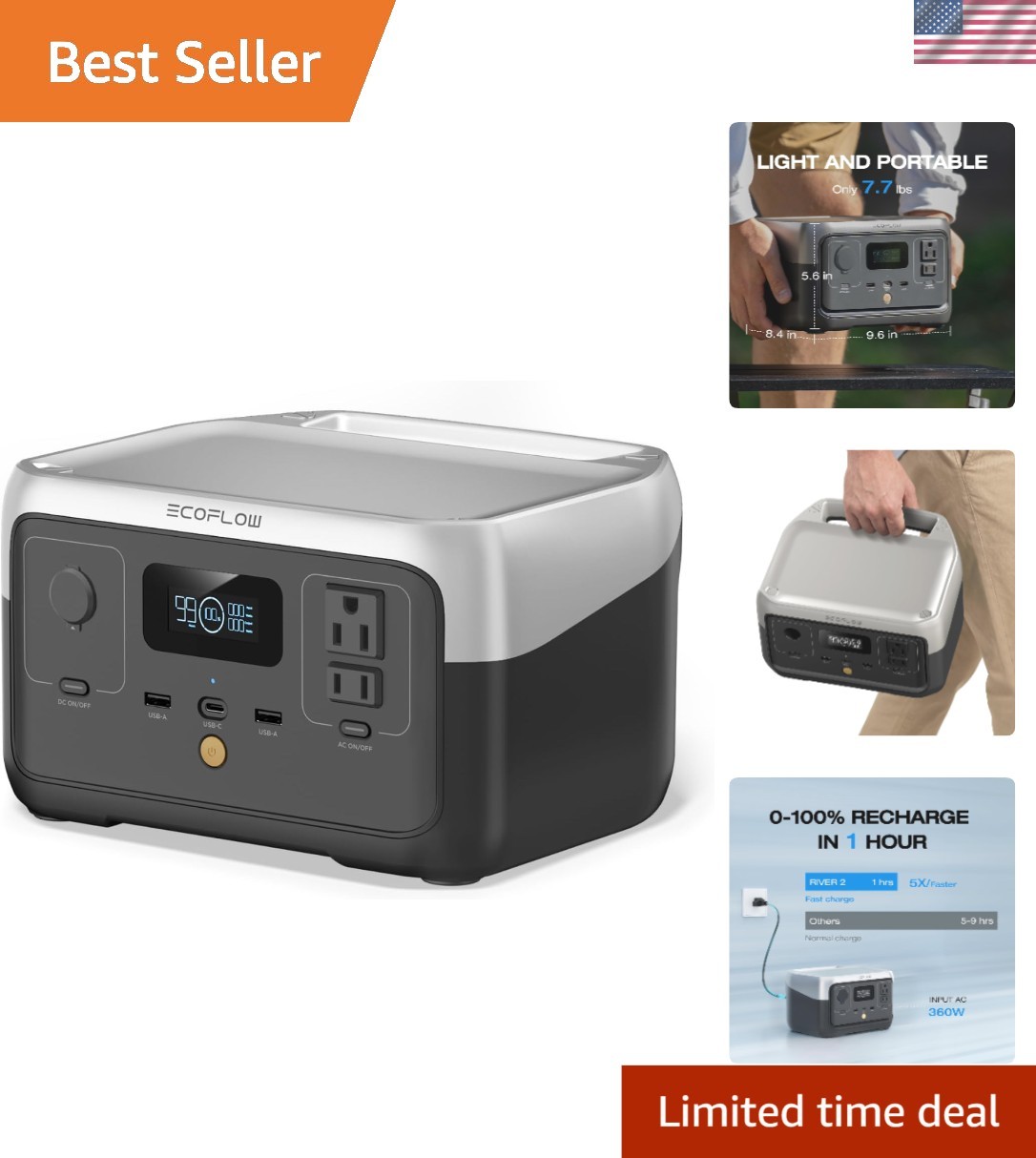 EcoFlow RIVER 2: 256Wh Solar Generator with 1-Hour AC Fast Charging & 600W Power
