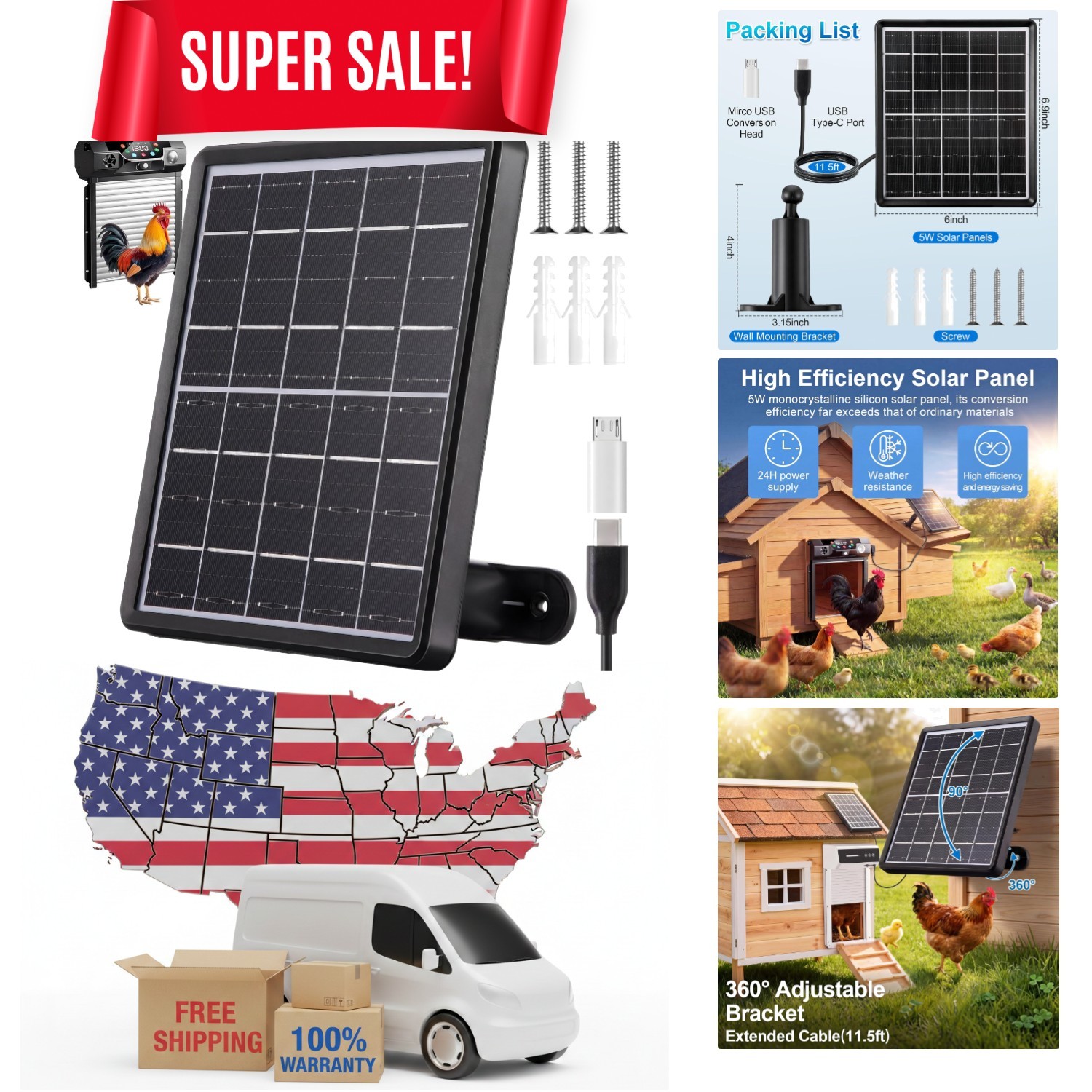 Quick Install 5W Solar Panel for Automatic Chicken Door – Waterproof Design