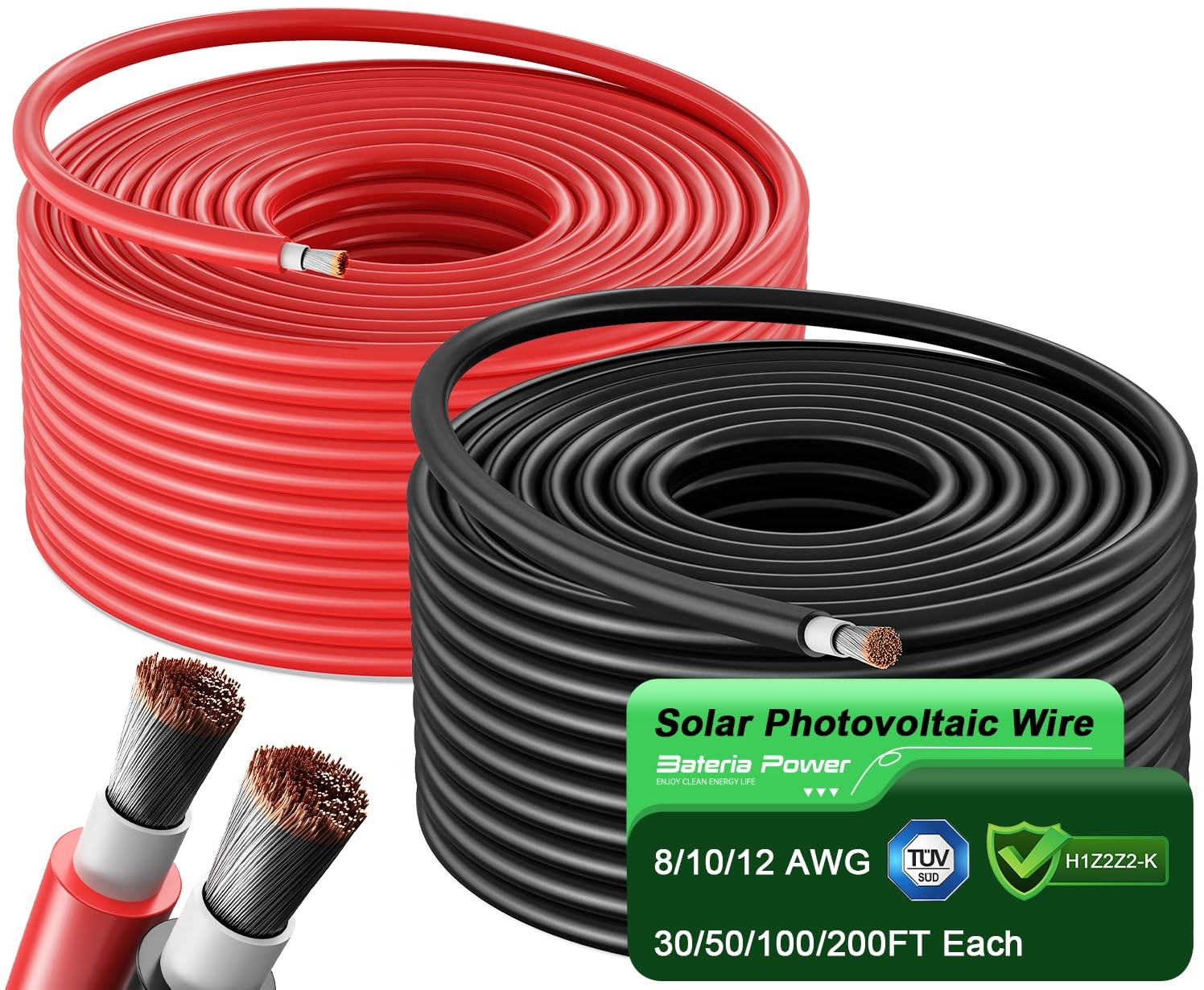 Solar Panel Wire 50Ft Black and 50Ft Red Kit, 10AWG (6mm²) Solar Panel Extens…