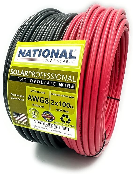 NATIONAL Wire&Cable 8 Gauge Solar Panel Professional Wire – Made in USA – 2×100