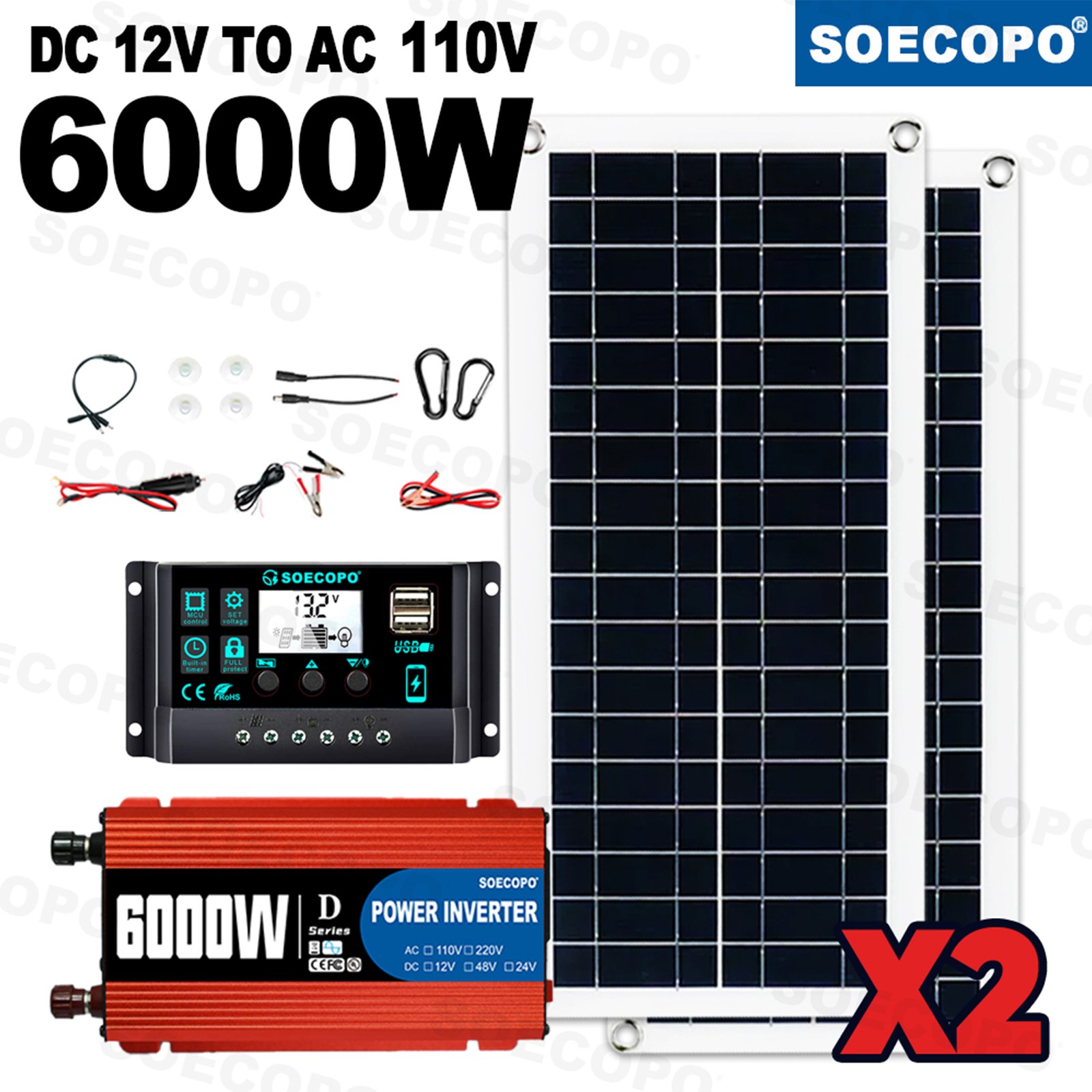 Ultimate 6000W Solar Power Bundle: Inverter DC 12V – AC 110V/220V+ 2pcs Solar