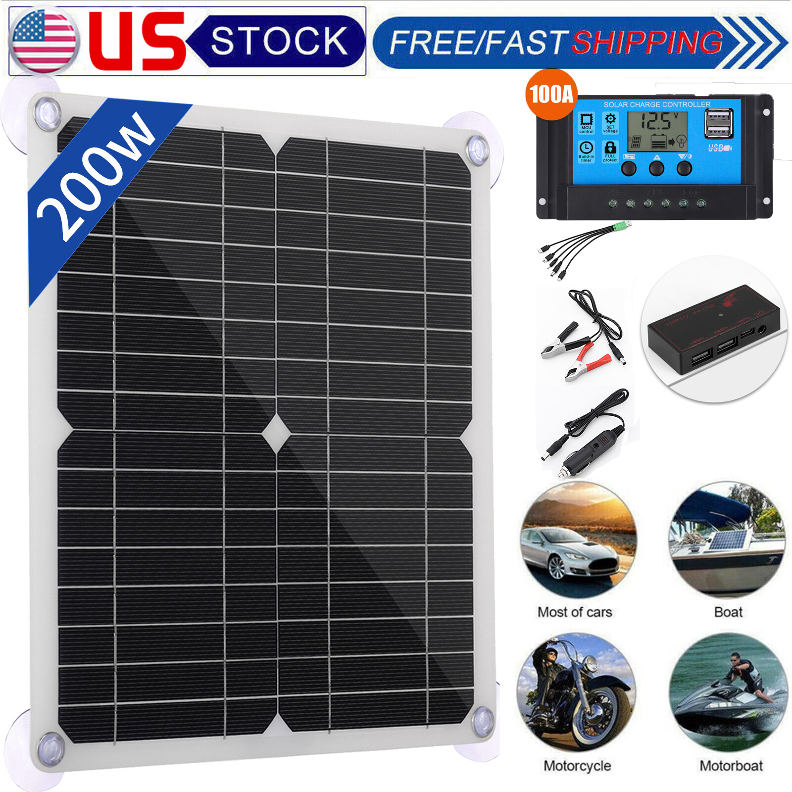 200 Watts Solar Panel Kit 100A 12V Battery Charger w/ Controller Caravan Boat US