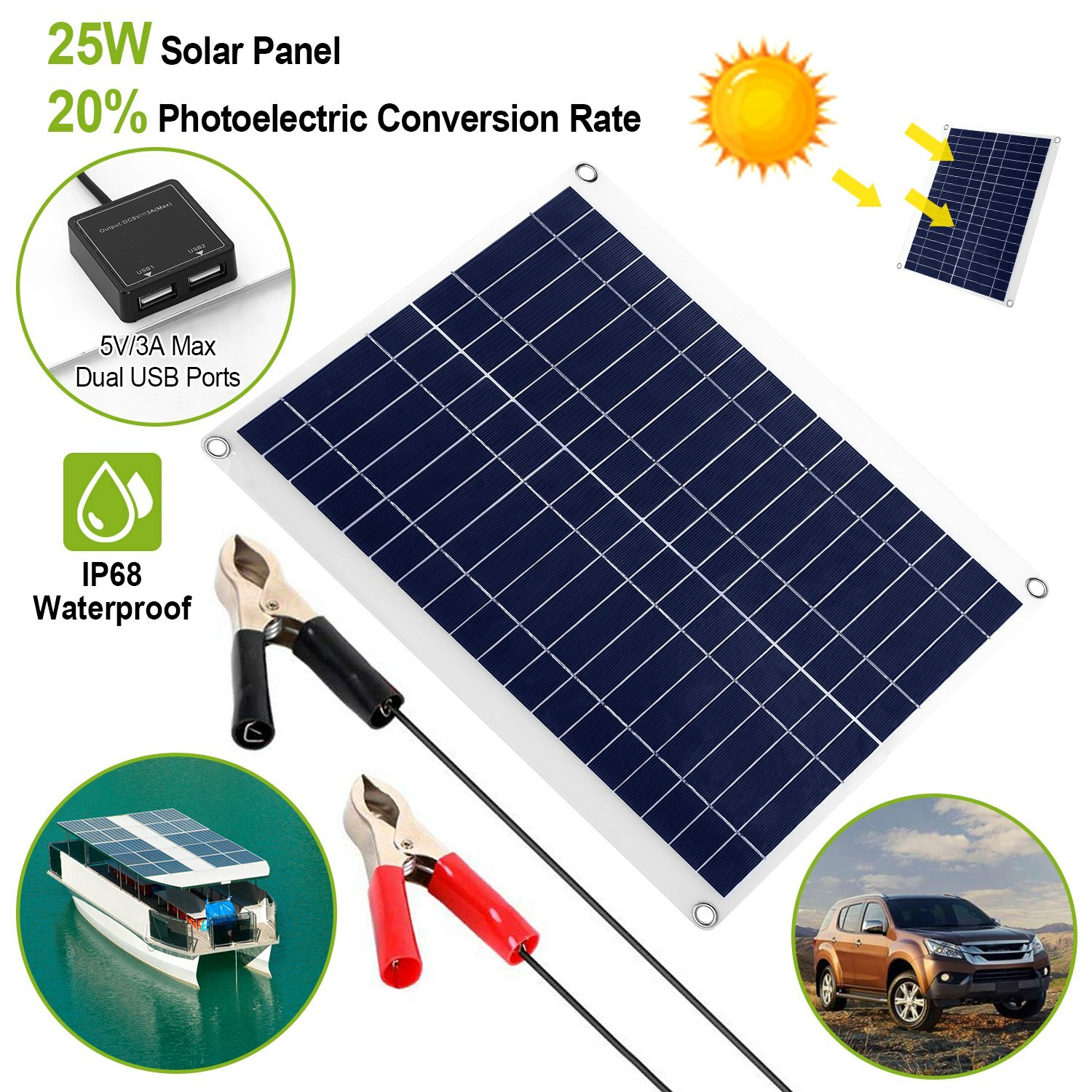 25W 12V Solar Panel USB Port Battery Charger Car RV Boat Outdoor Travel Portable