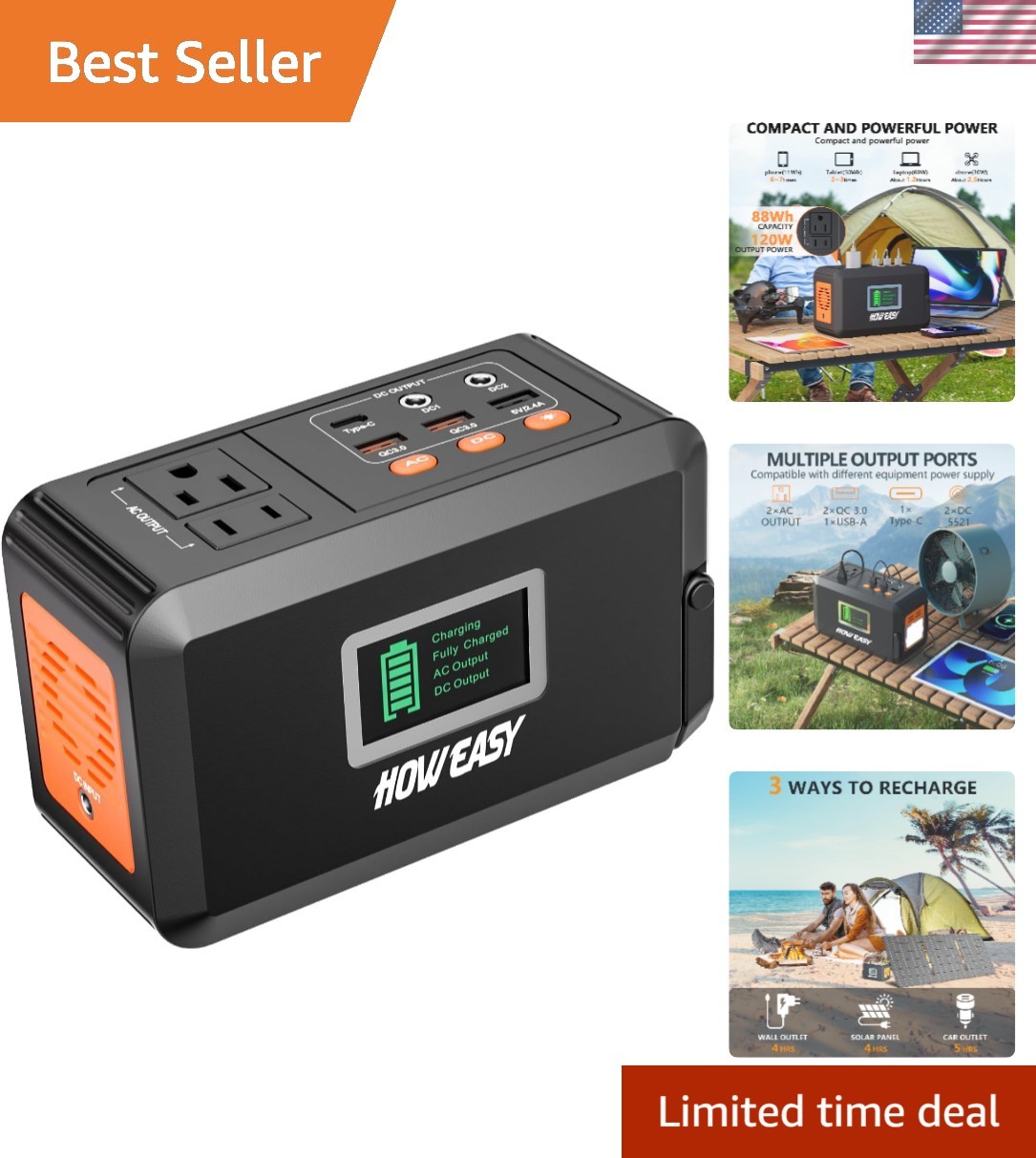 Portable Power Station 120W with 88Wh Lithium Battery for Camping & Emergencies