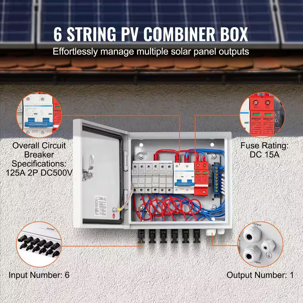 6 String PV Combiner Box DC 500-Volt with 15A Fuses 125A Breaker 40Ka Surge Prot