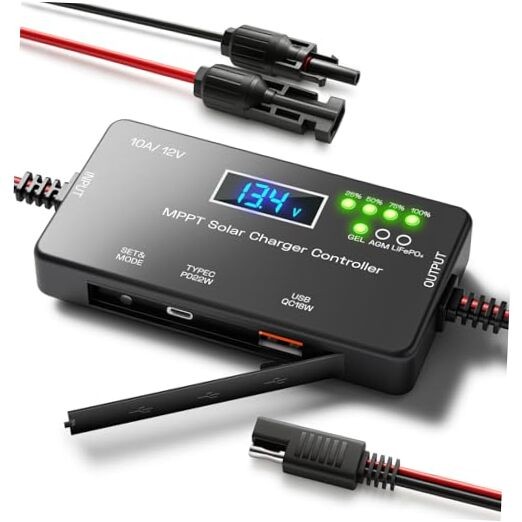 MPPT Solar Charge Controller 12V 10A, Intelligent Solar Panel Regulator with