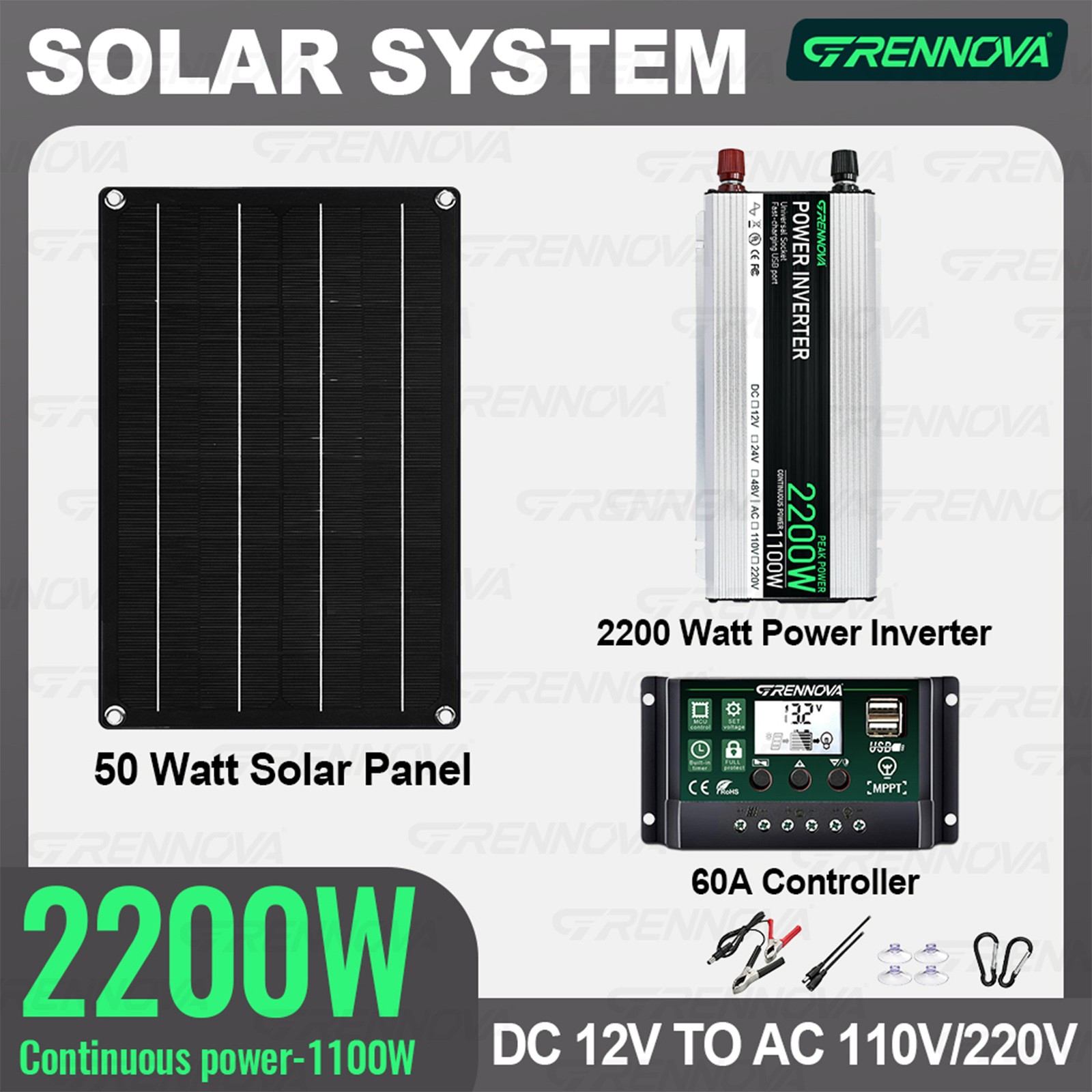 Grennova 2200W Off-Grid Solar Kit 50W Panel 60A MPPT Dual Voltage Inverter Home