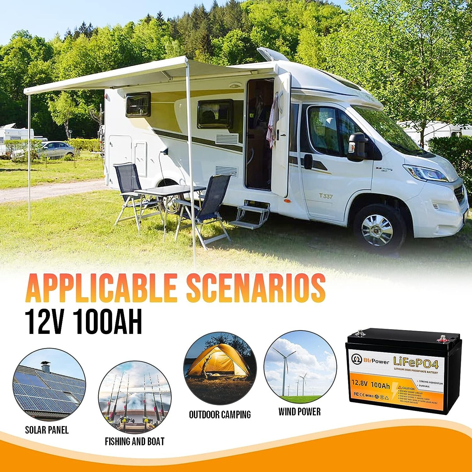 Btrpower 12V 100Ah LiFePO4 Lithium Battery for RV Marine Solar System 100A BMS