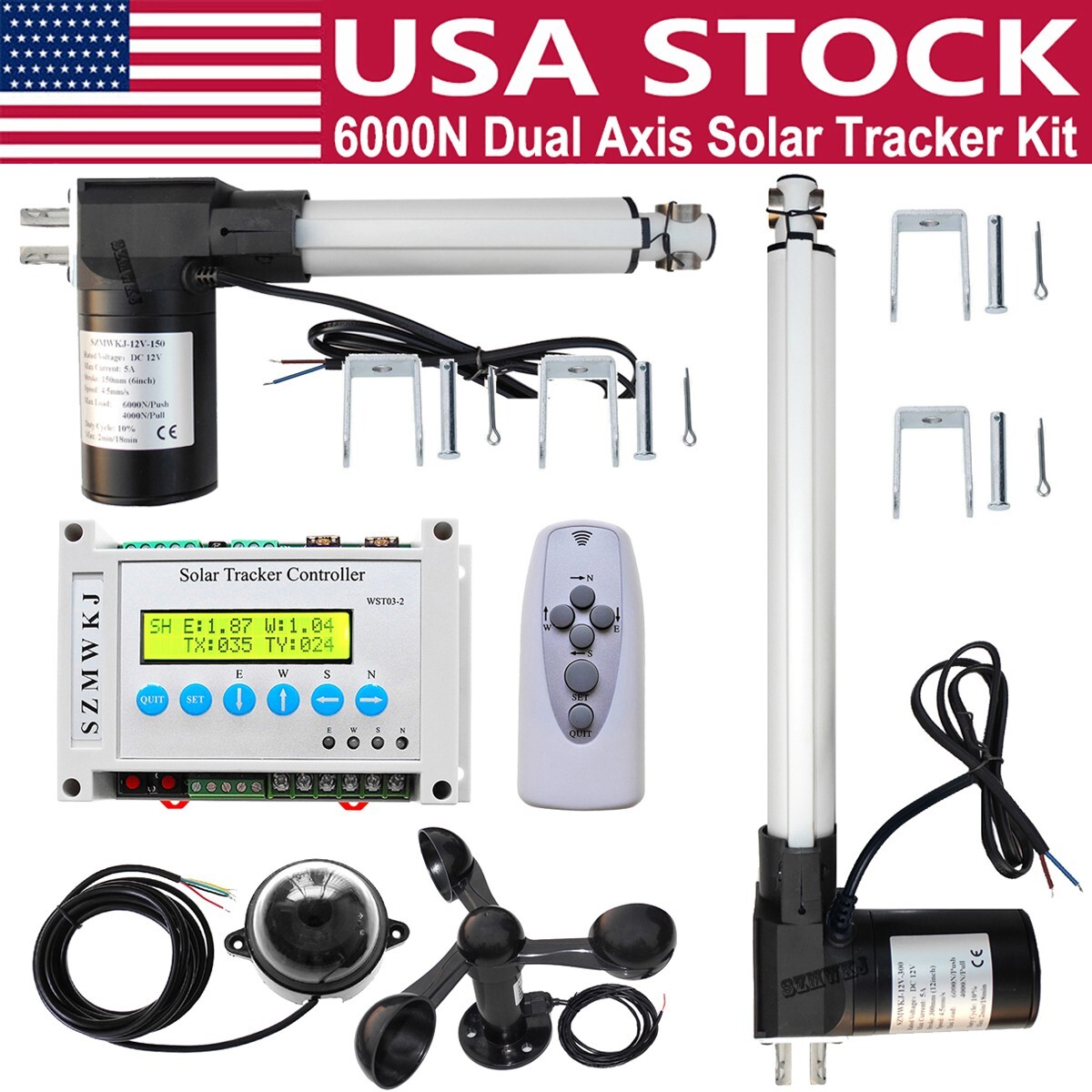 6000N 12V LCD Dual Axis Solar Tracking Tracker Kits W/ (6″&12″ )Linear Actuators