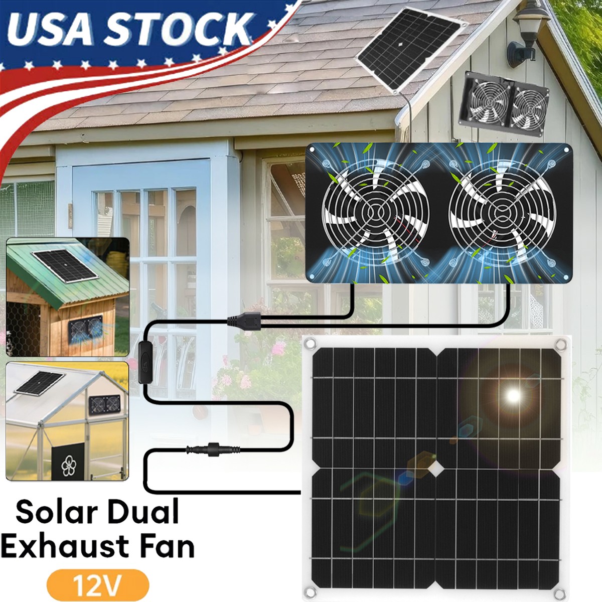 Solar Powered Fan Kit 15W Solar Panel Waterproof DC Exhaust Fan for Chicken Coop