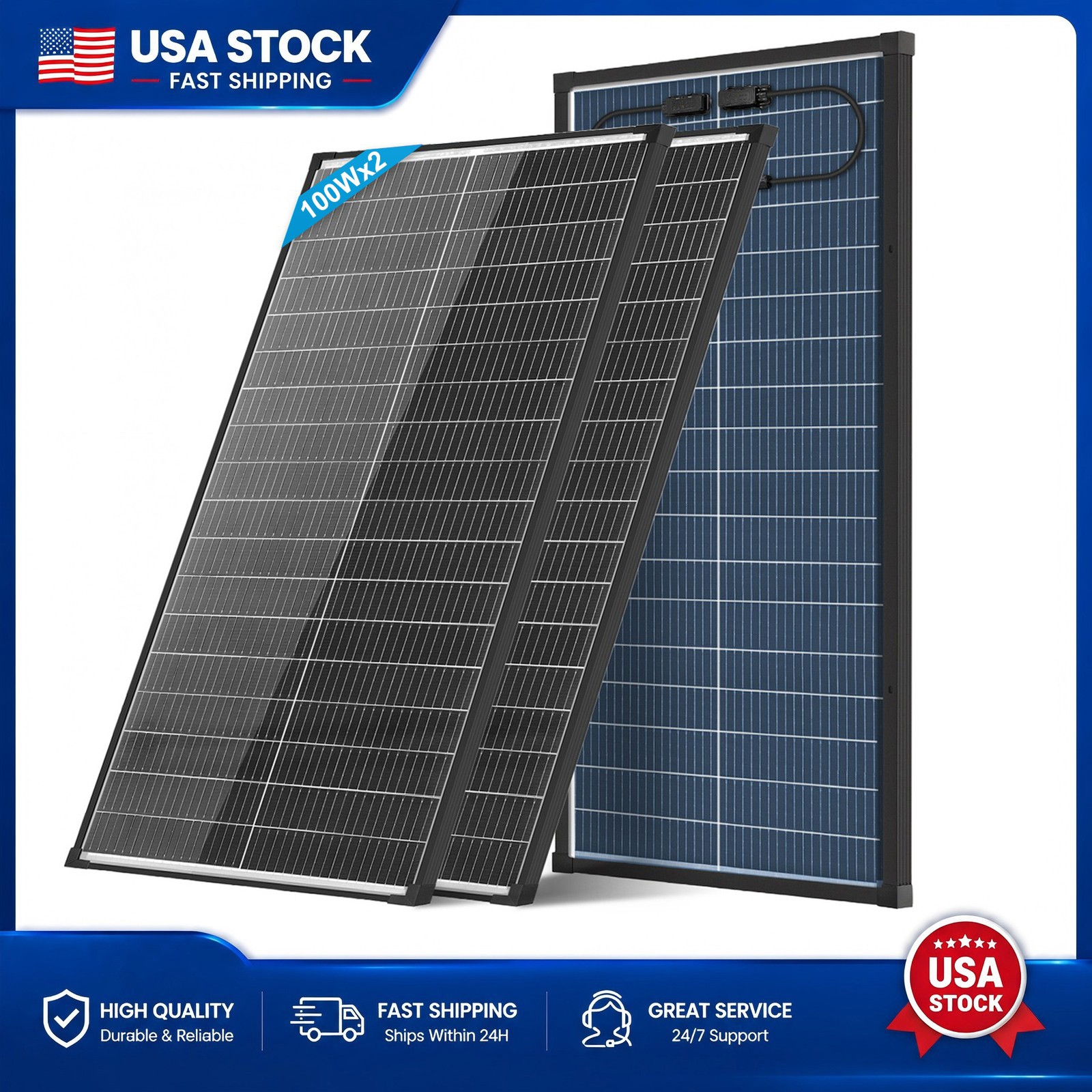 AeternaSol 2*100W Solar Panel 18V Mono N-Type Off-Grid RV Camp Home Caravan Boat