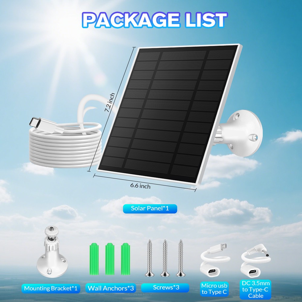 5W Solar Panel Power USB C Battery Charger For CCTV Camera Security Cam Outdoor