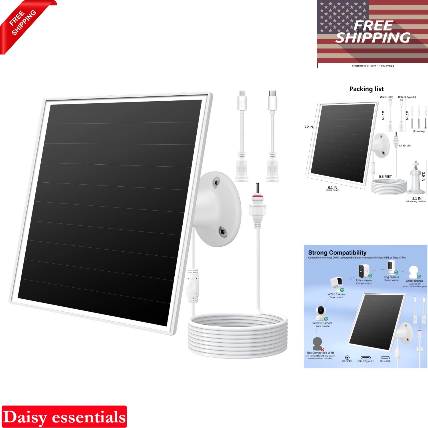 6W Waterproof Solar Panel Charger for Security Cameras USB-C Micro USB DC 35x…