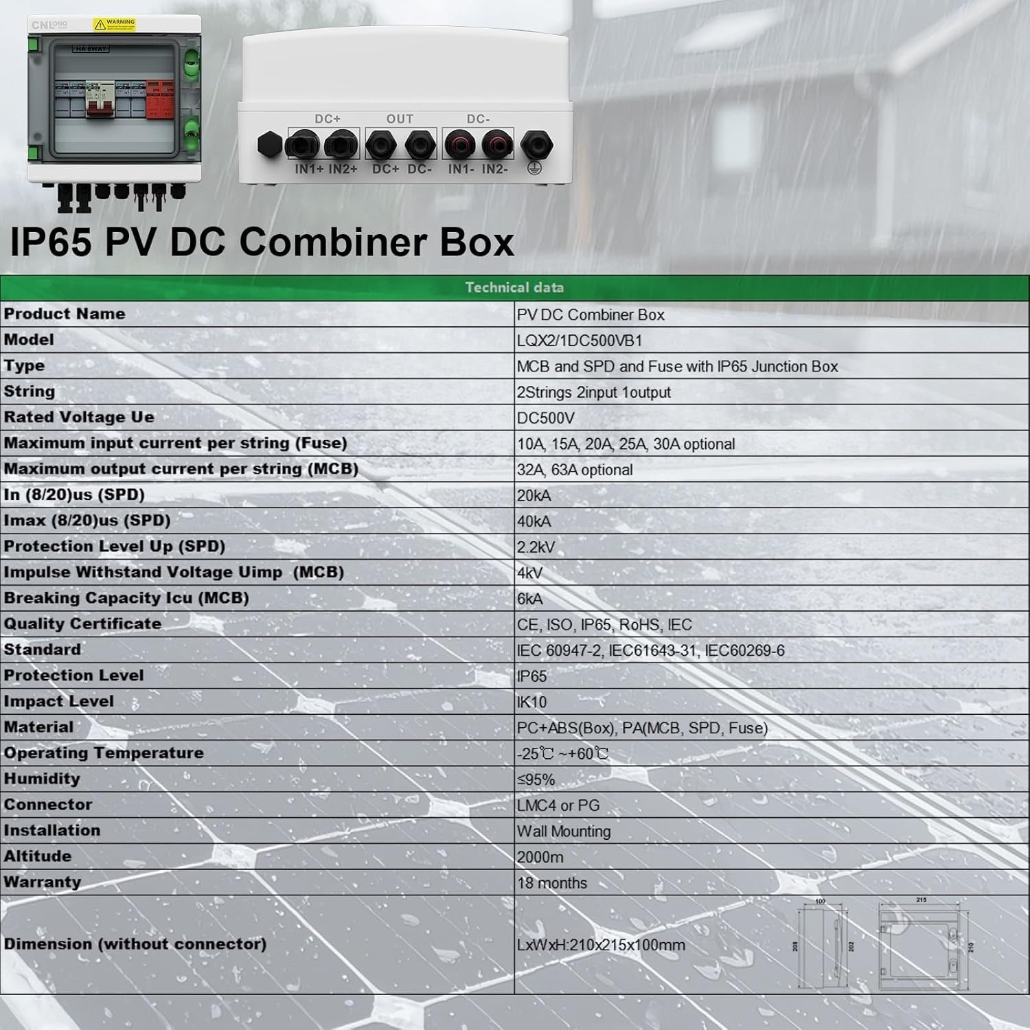 2 String Solar PV Combiner Box IP65 2 in 1 Out DC500V 32A For Solar Panel System