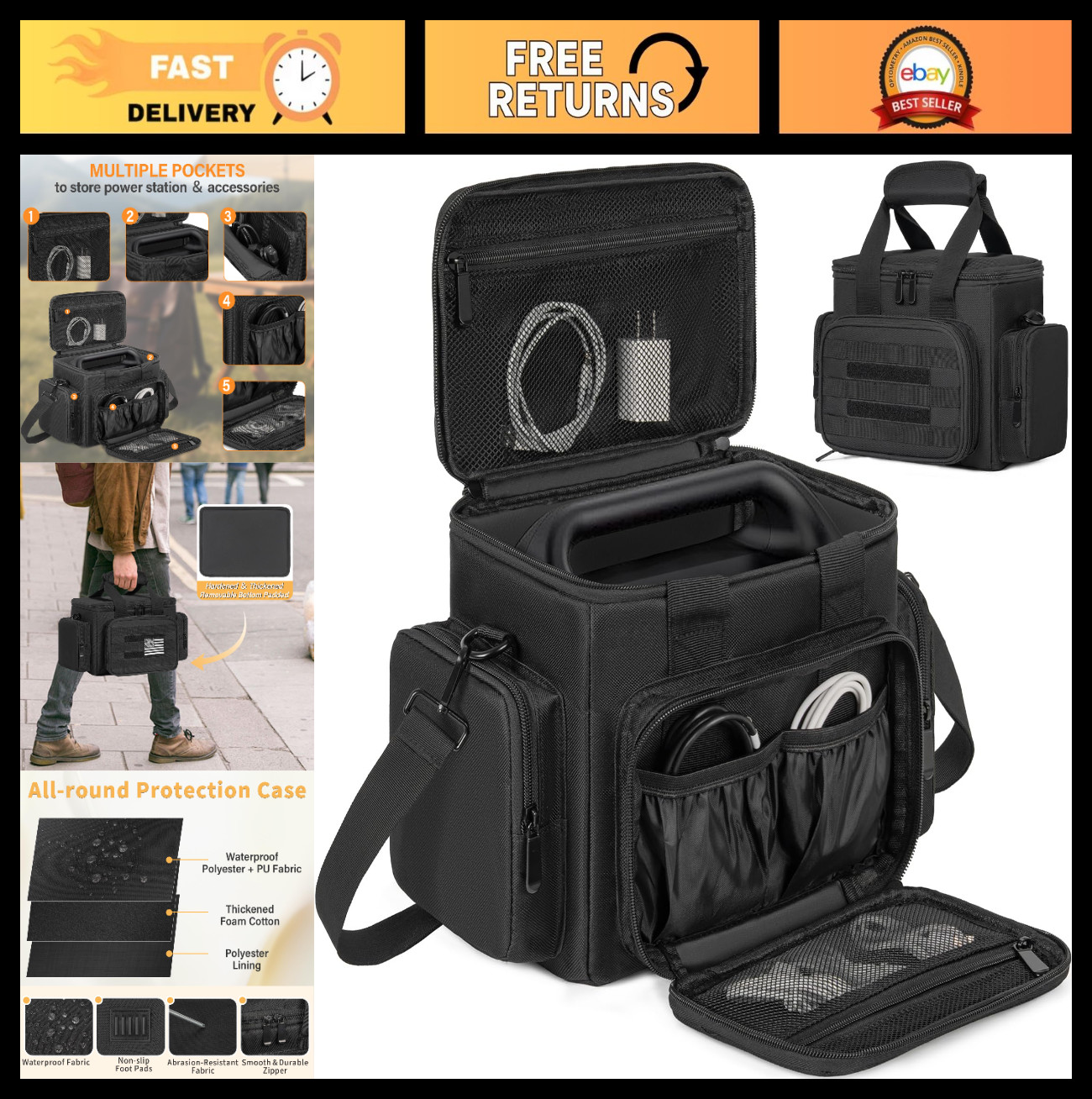 Portable Power Station Carrying Bag for Solar Generators – Travel Case with Pock