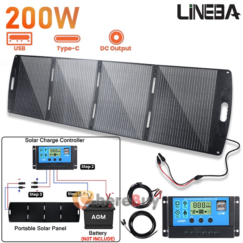 200W Solar Panel Kit Controller 12V Battery Charger Dual USB Caravan Boat US