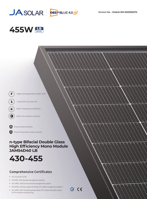 $140/panel FREE SHIPPING JA Solar 450W Bifacial, 1 Pallet (36panels) JAM54D40/LB