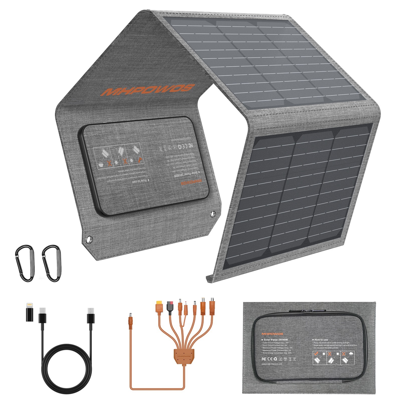 40W Foldable Solar Panel Portable Solar Charger USB Port Solar Cable Adapter Kit