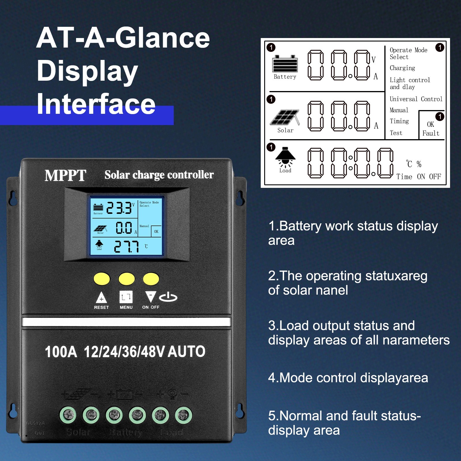 100A Rated Auto Solar Charge Controller 12V 24V 36V 48V with USB and LED Screen