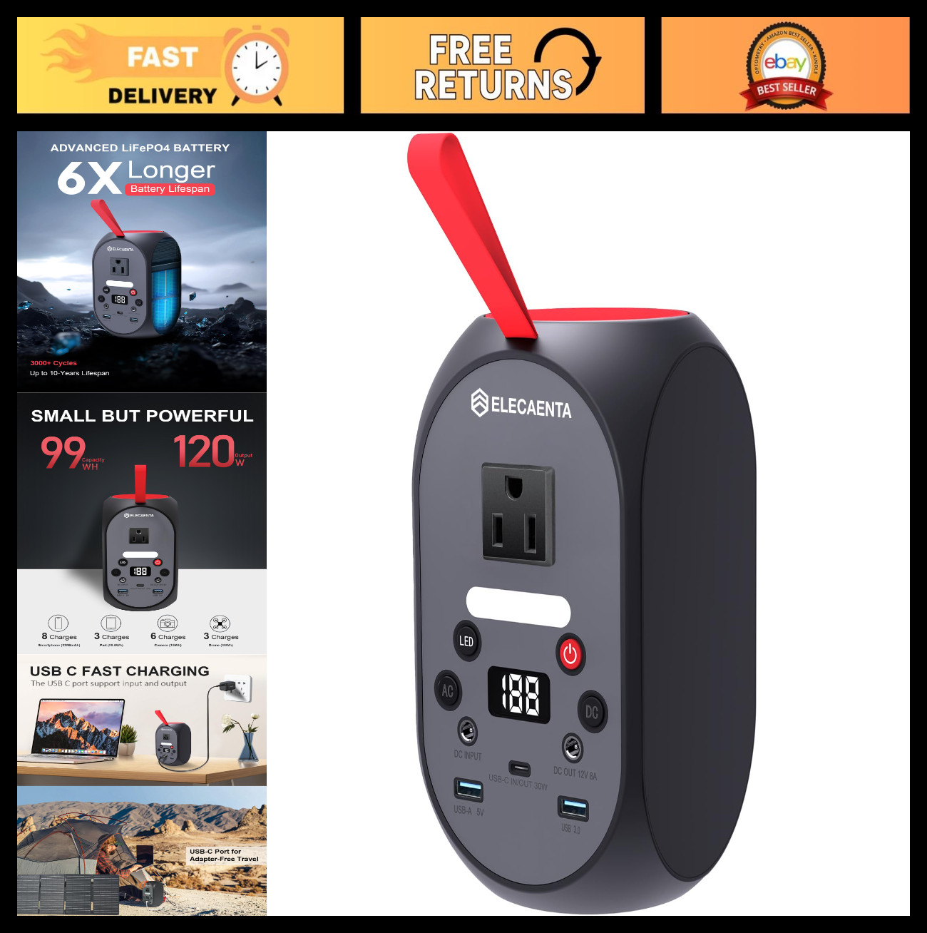 99Wh Portable Power Station – 120W Peak, LiFePO4 Battery Backup, AC/DC/USB-C Out