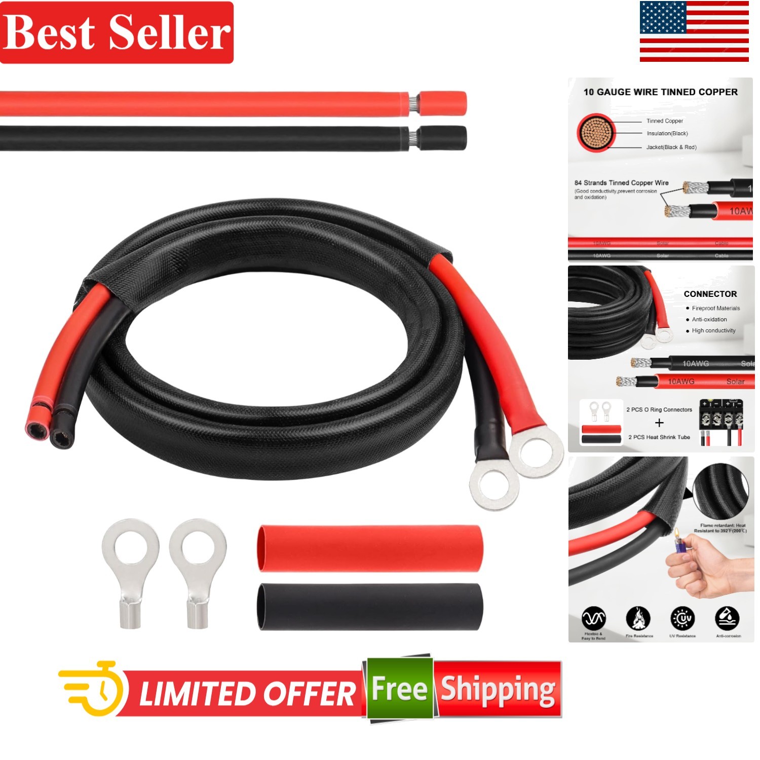 High-Efficiency 10 AWG Solar Battery Cable with Protective Sleeving – 3FT Length