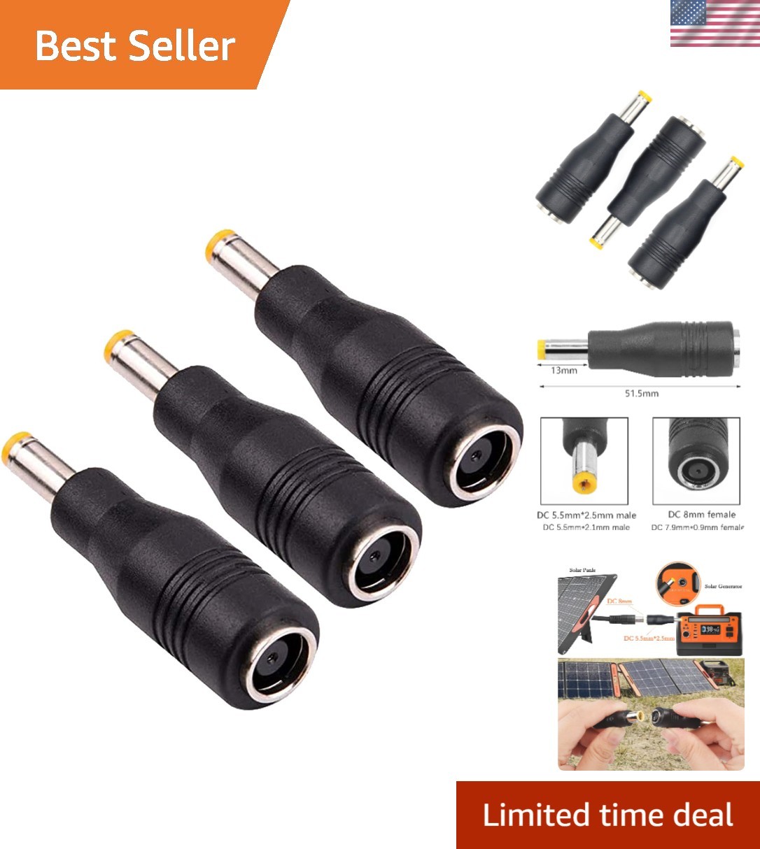 3-Pack DC7909 to DC5525 Solar Adapters: Lightweight 8mm to 5.5mm Plug Connectors