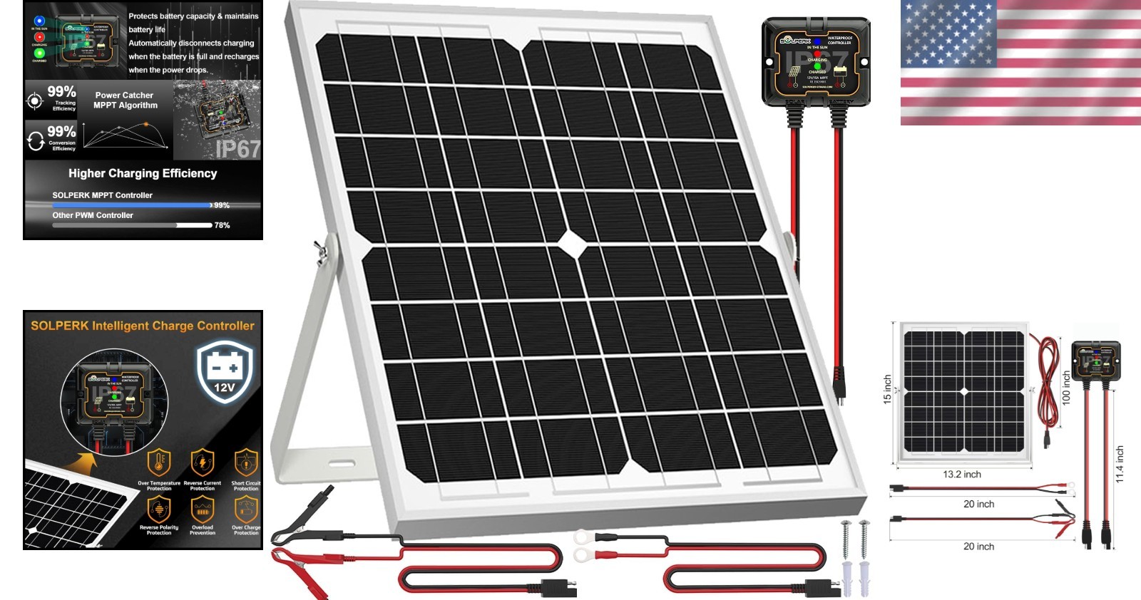 High-Efficiency 20W Solar Battery Charger with 8A Controller and Mounting Kit
