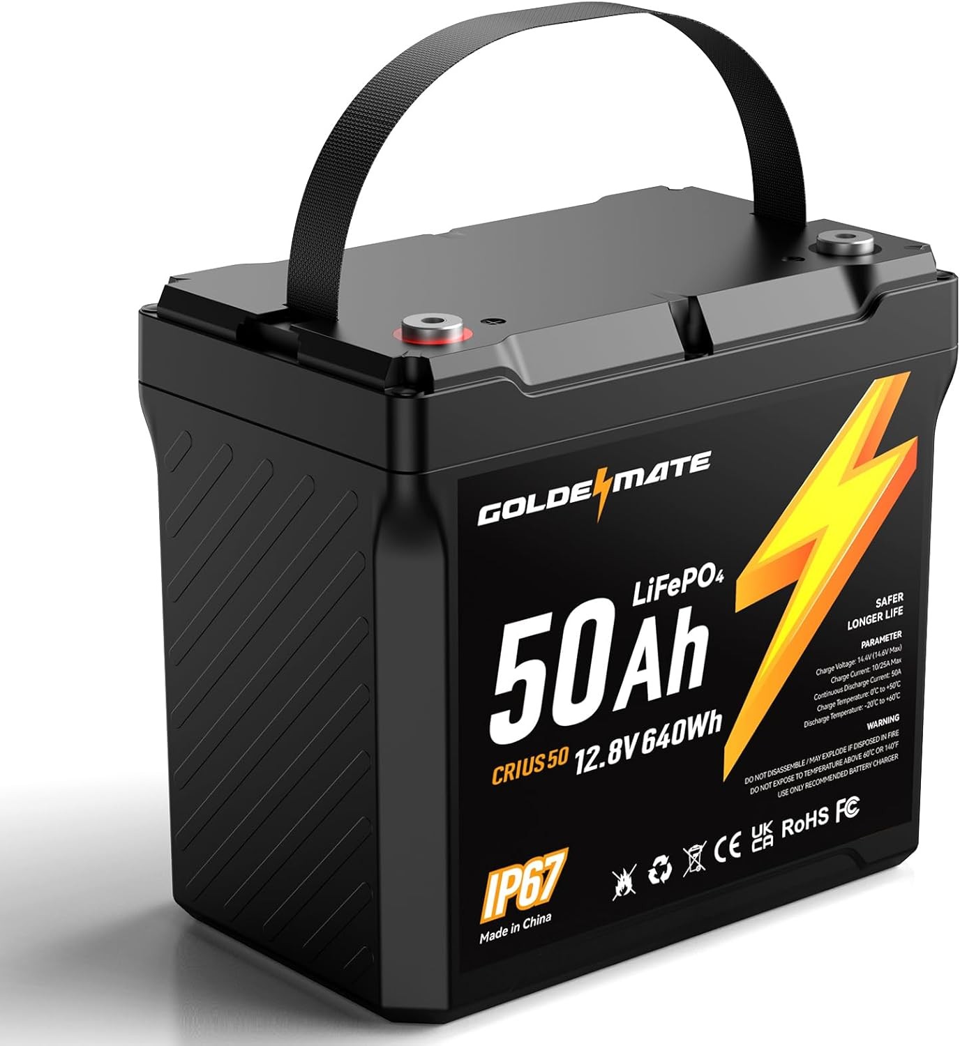 GOLDENMATE 12V 50Ah LiFePO4 Battery IP67 Waterproof Lithium Deep Cycle 640Wh