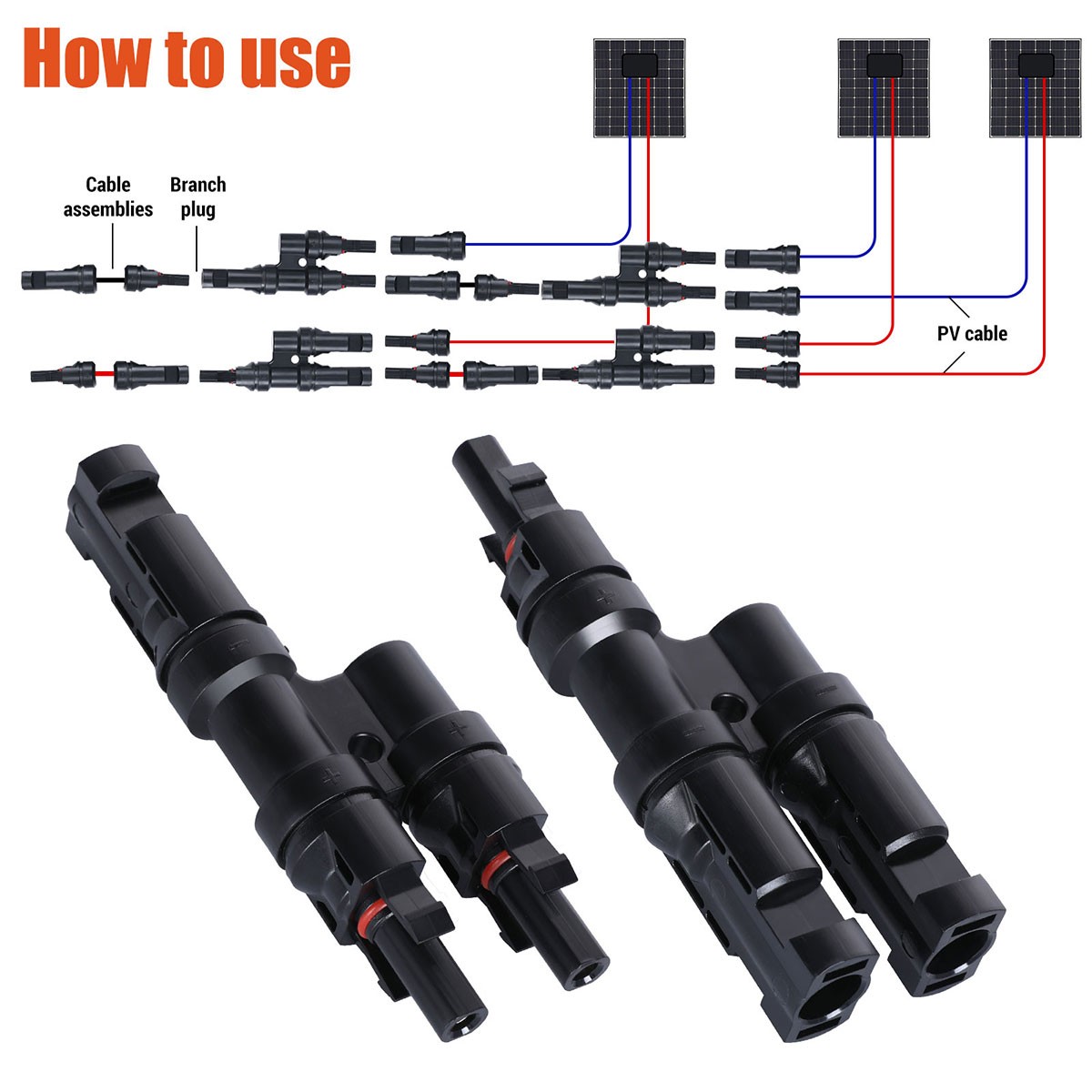 1 Pair T Branch Connectors Solar Panel Connector MMF+FFM for Parallel Connection