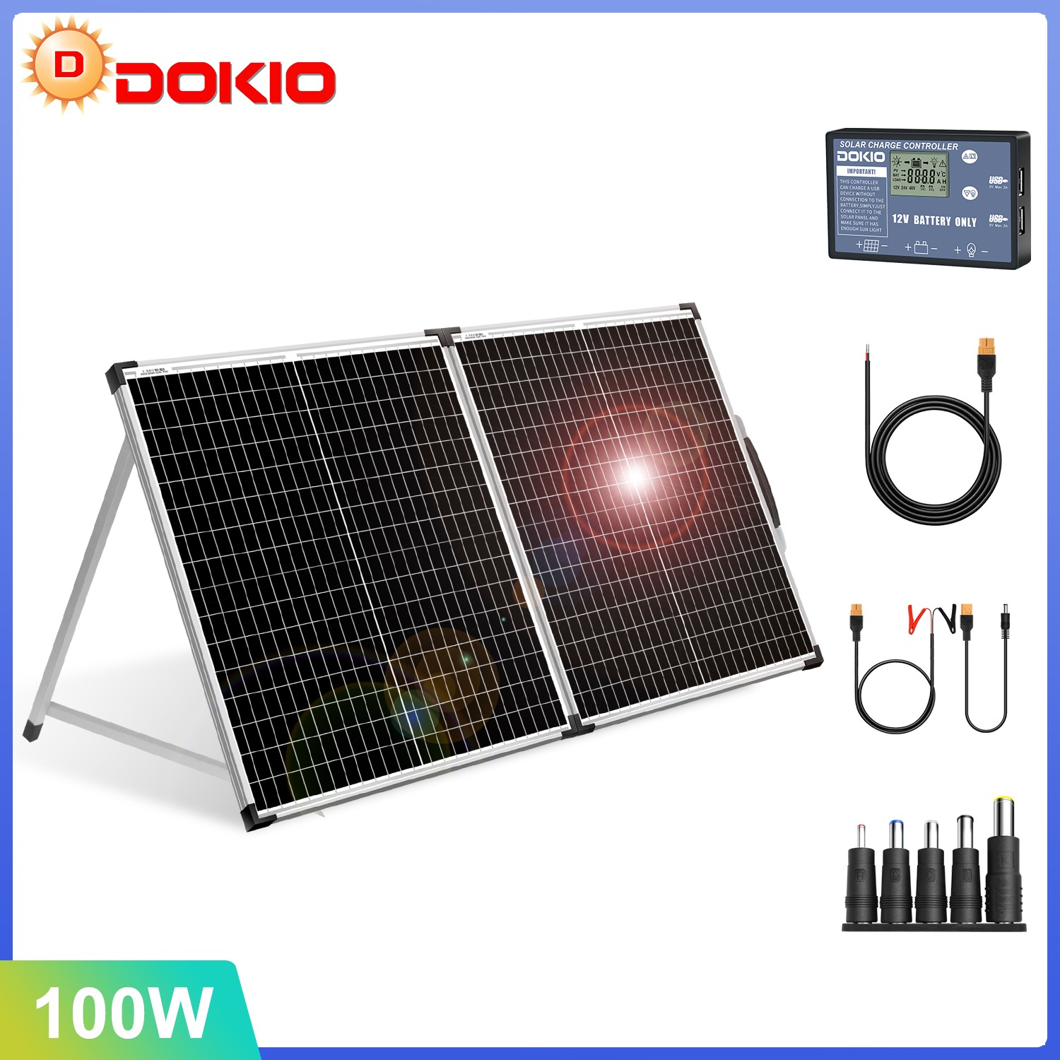 Dokio 100W Portable Foldable Glass Solar Panel Kit for Camping/Car Battery/Home