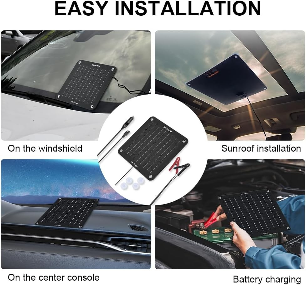 ECO-WORTHY 10W Solar Car Battery Charger Maintainer 12V Waterproof 10W, Black
