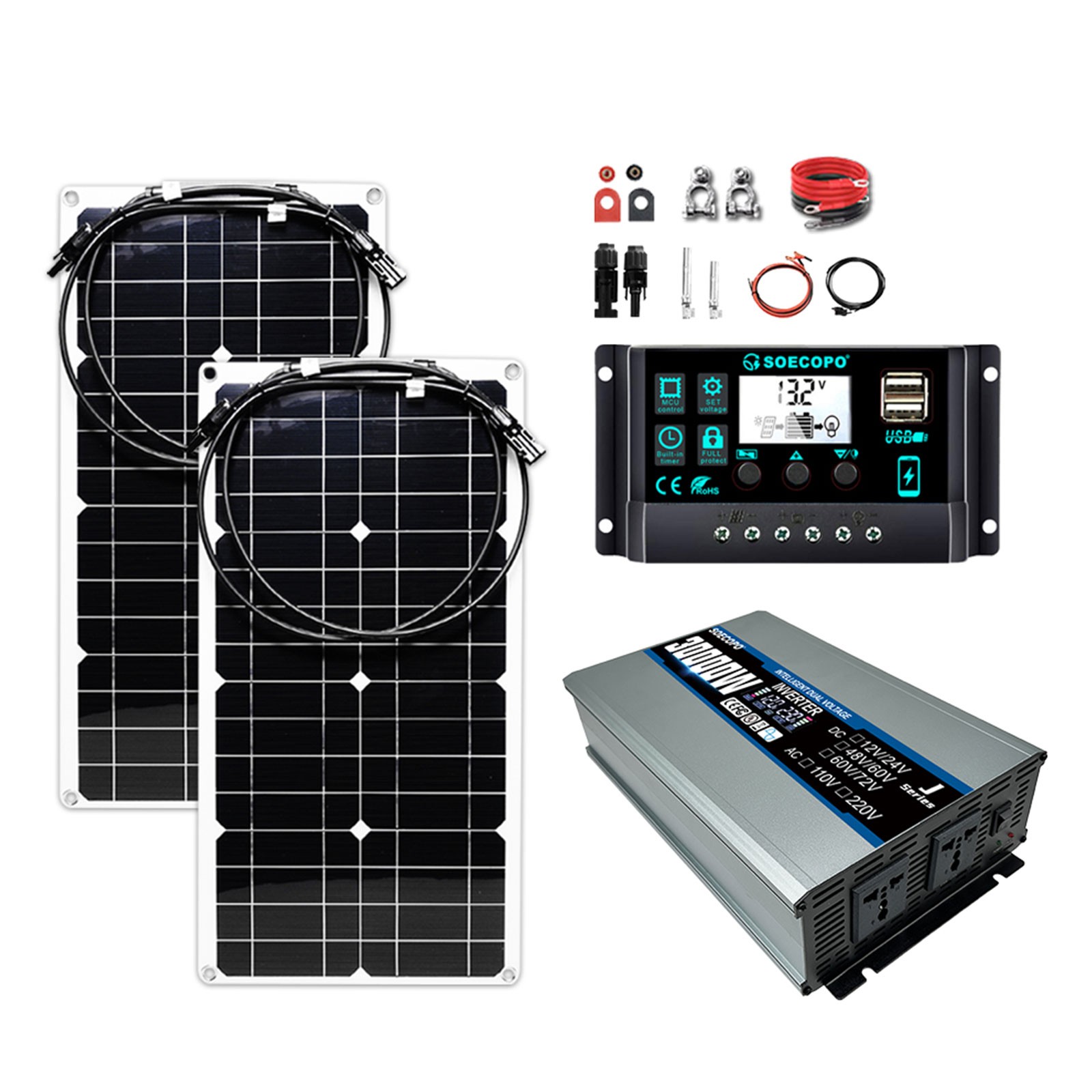 30000 Peak Solar System Kit 2pcs Flexible Panel DC 12V/24V AC110V 220V Invert4e