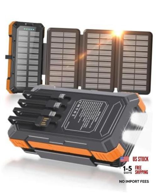 Solar Charger Power Bank 49800mAh with 4 Built-in Cables & 4 Foldable Orange