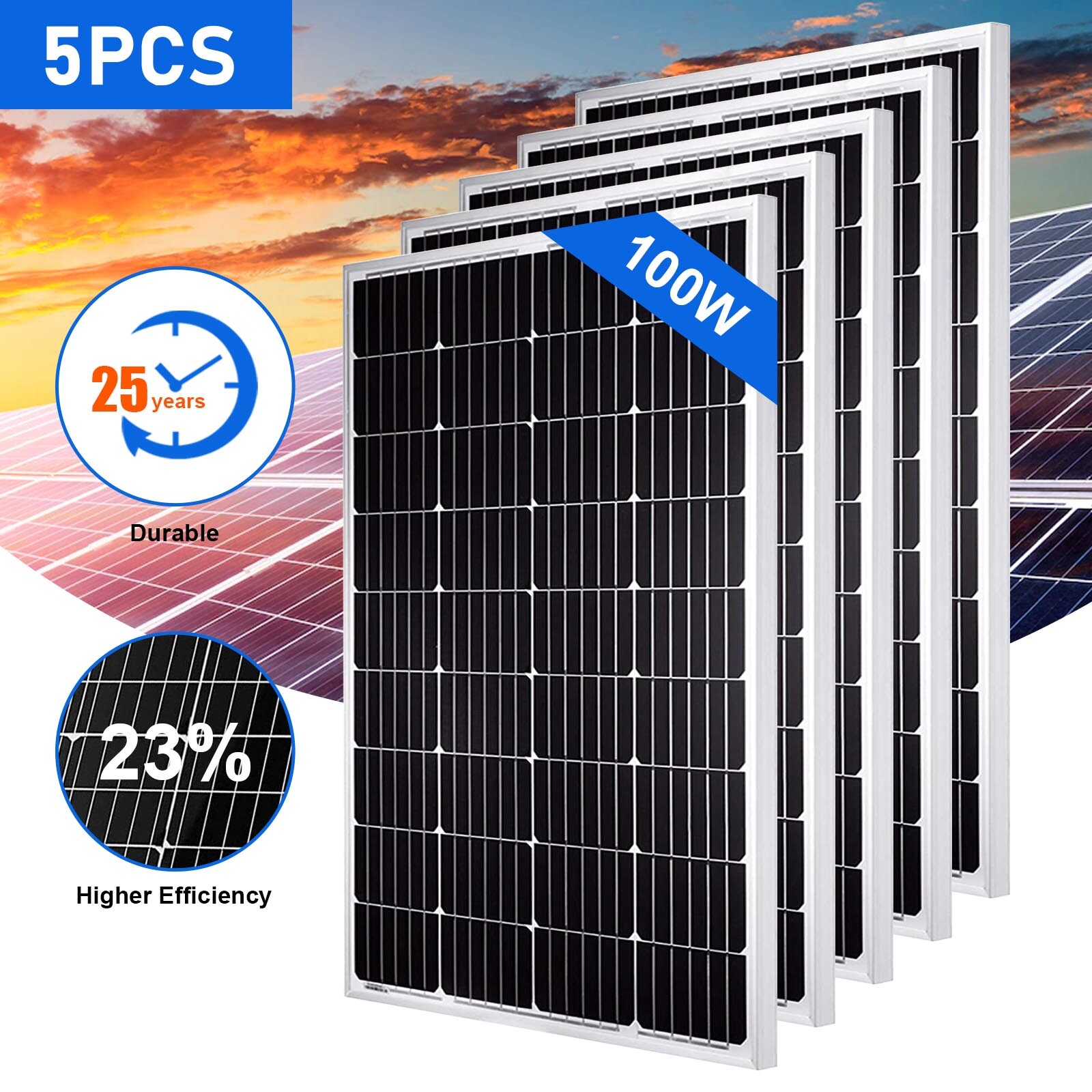 500W Solar Panel 12V PV 100W Monocrystalline RV Roof Shed Marine Back-up Power