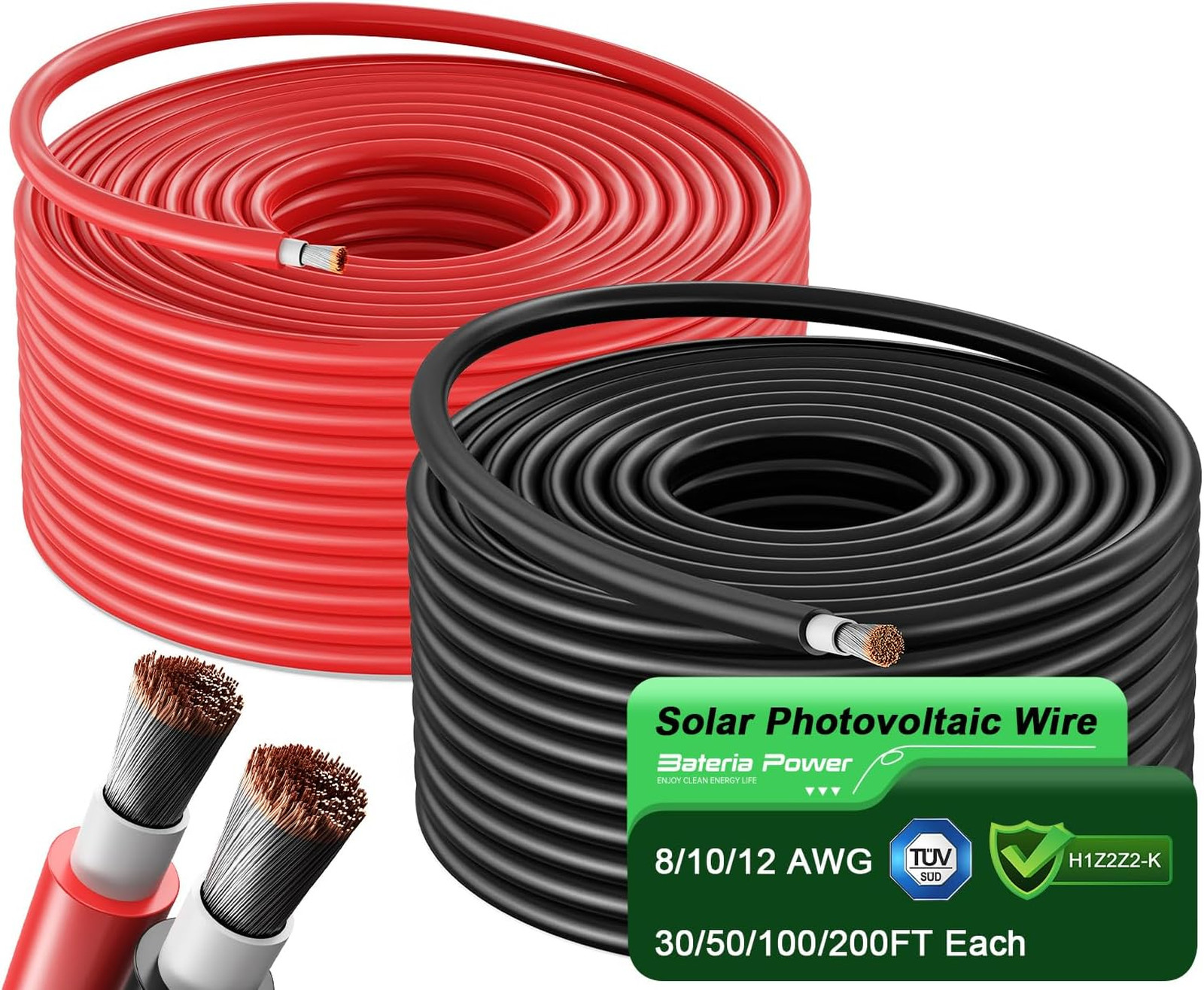 Solar Panel Wire Kit 50Ft Red and Black 10AWG PV Tinned Copper Cable for Outdoor