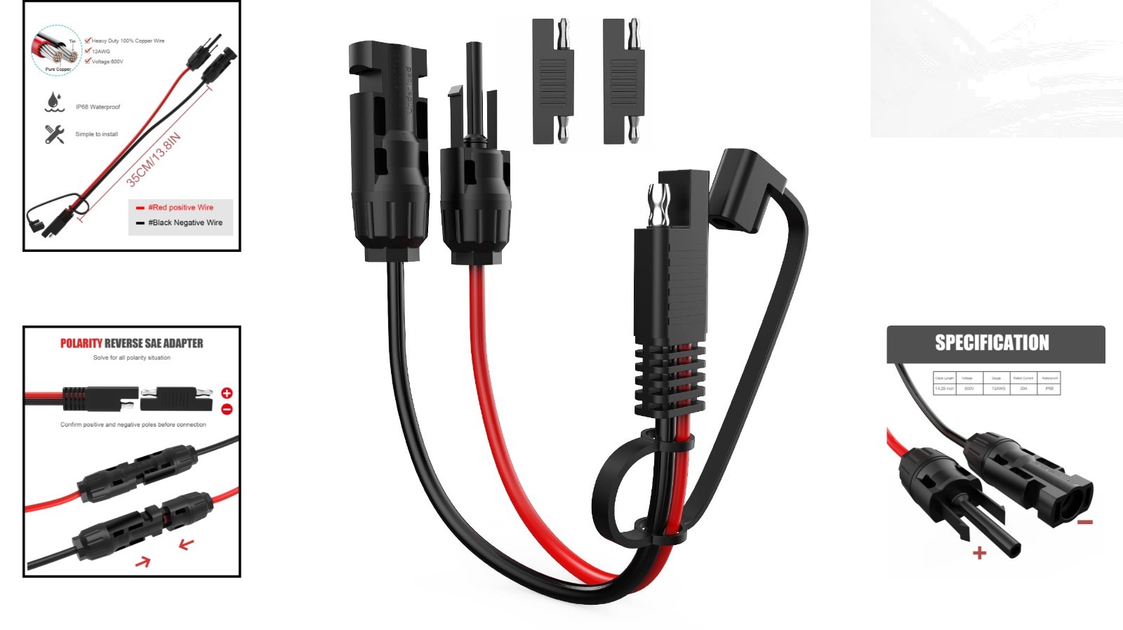Enhanced 30cm Solar Panel Connector Cable with 2 SAE Reverse Adapters, 10AWG