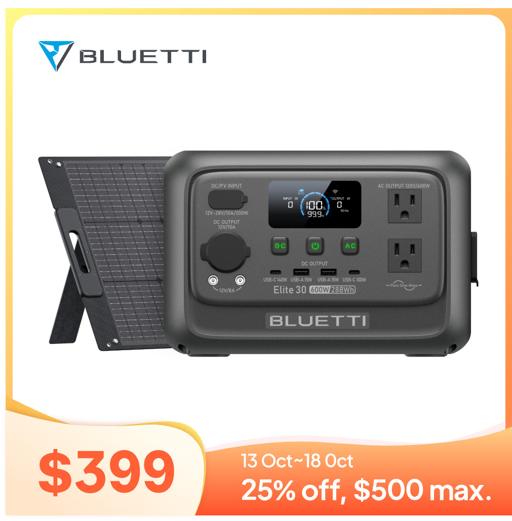 BLUETTI Elite 30 V2+100W Solar Panel 288Wh Portable Power Station LFP for Trip