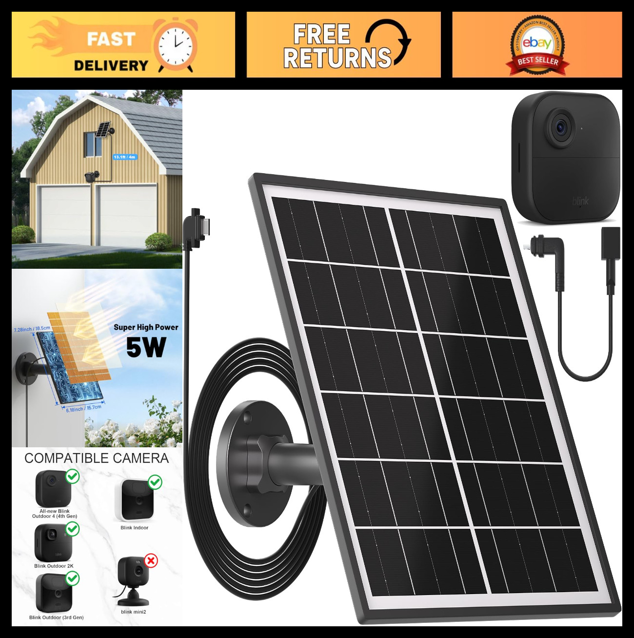 5W Solar Panel Charger for Blink Outdoor/Indoor Cameras, 13.1ft Cable & Mount