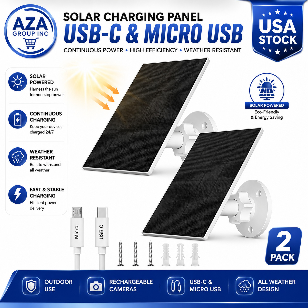 2W Solar Panel for Security Cameras, 5V Solar Charger