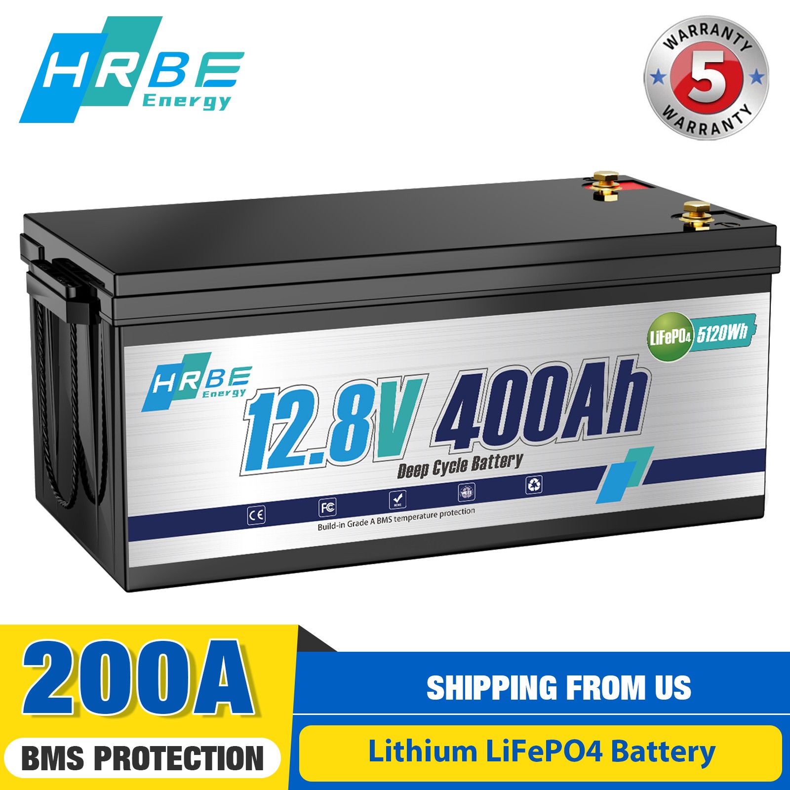 12V 400Ah LiFePO4 Lithium Battery Deep Cycles 5120Wh Power 200A BMS for RV Solar