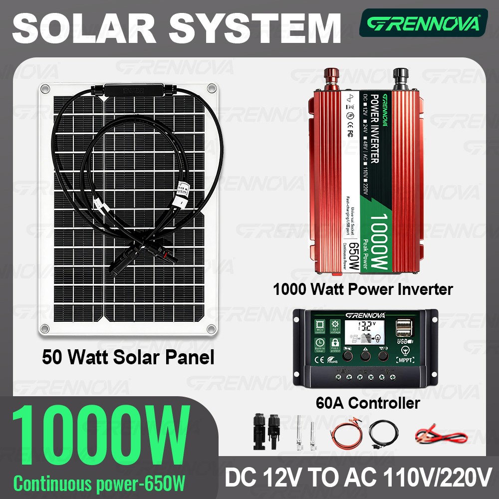 Grennova 1000W Solar Kit Real 12V To 110V/220V Power 50W Panel Complete Set