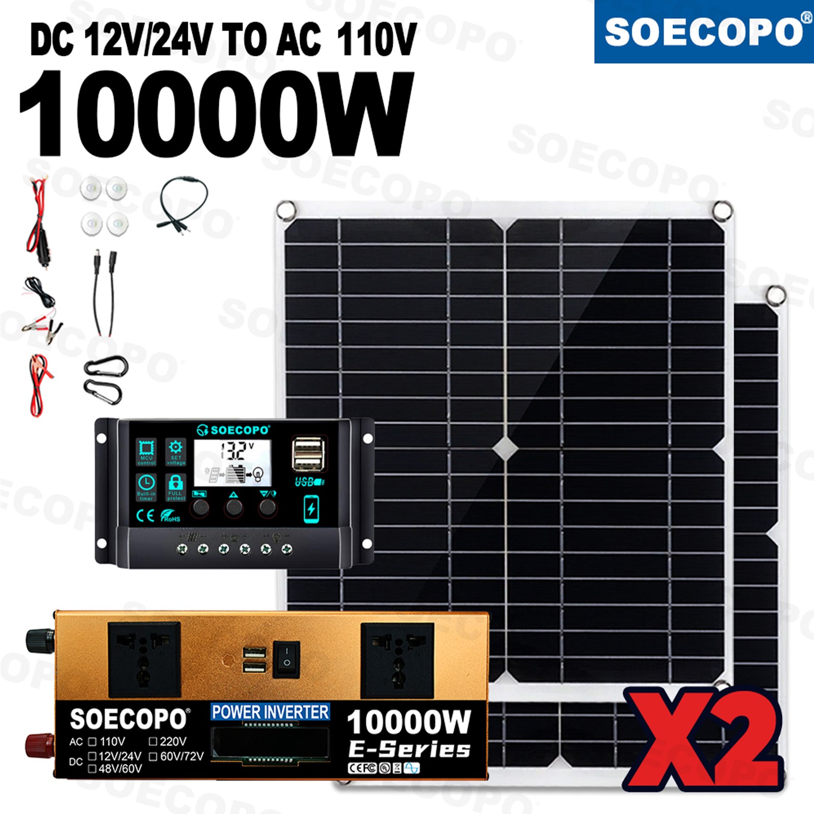 Off-Grid Solar Kit 10000W Sine Wave Inverter +2pcs Solar Panels+100A Controller