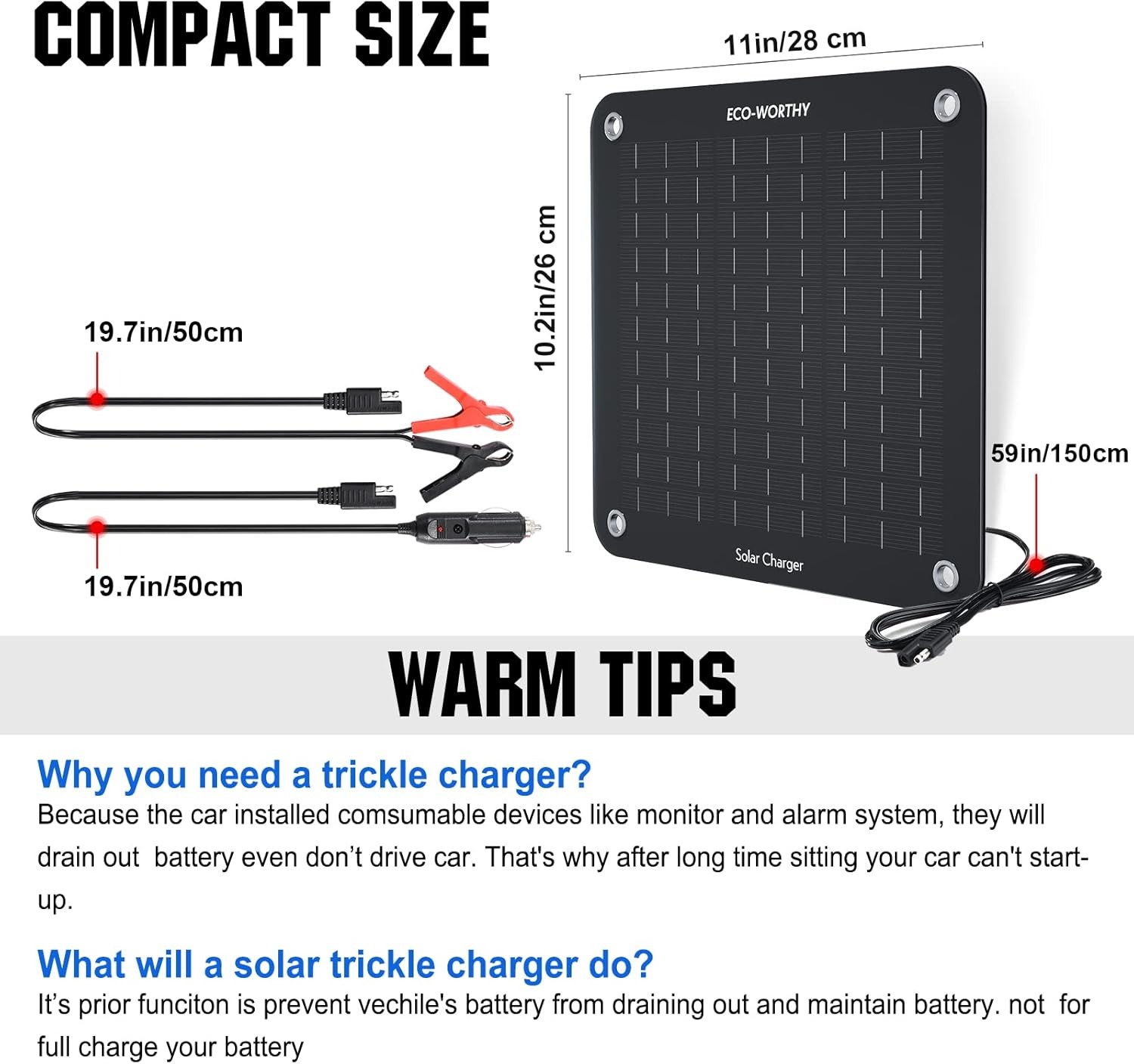 ECO-WORTHY 10W Solar Car Battery Charger Maintainer 12V Waterproof 10W, Black