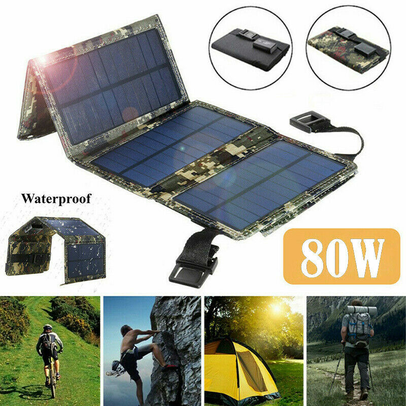 Portable 80W USB Solar Panel Folding Power Bank Outdoor Camping Phone Charger