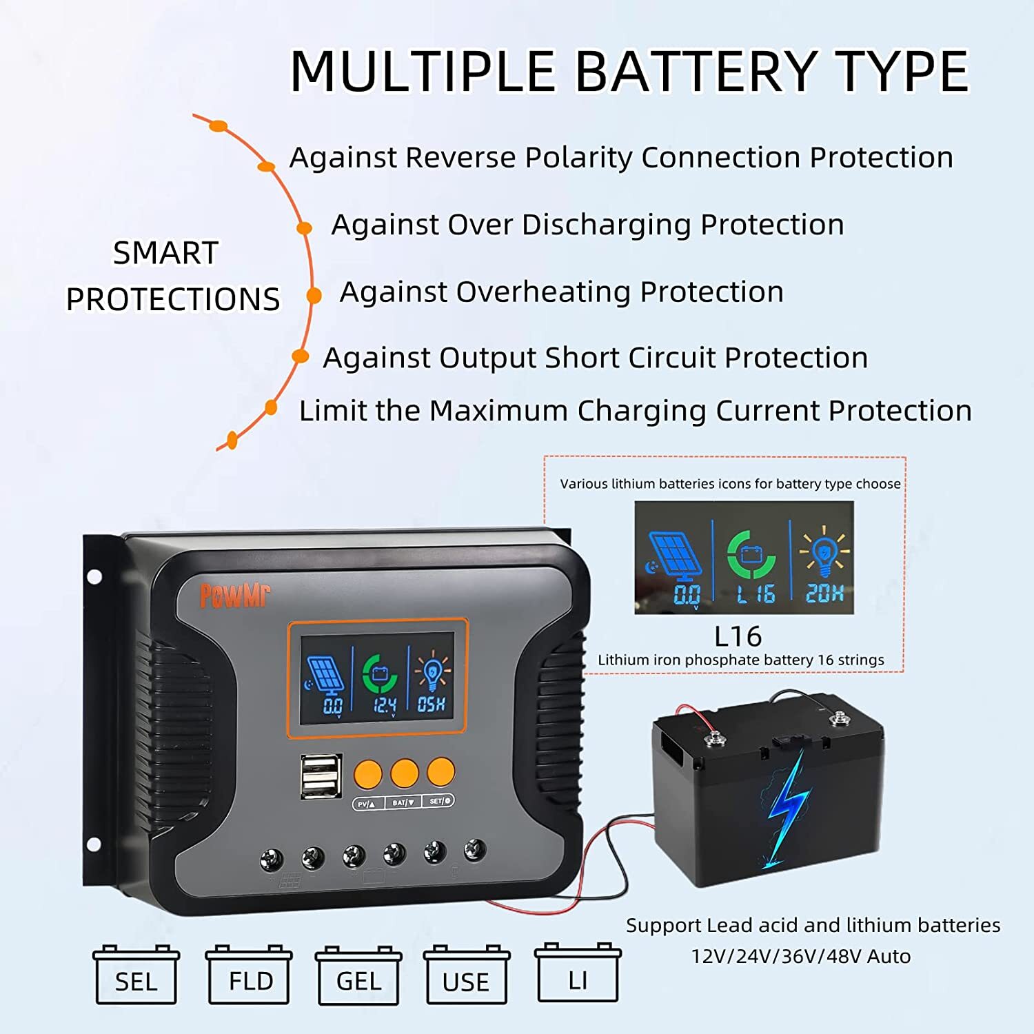 30A 60A 80A Solar Panel Charge Controller 12/24/36/48V LCD Display Regulator USB