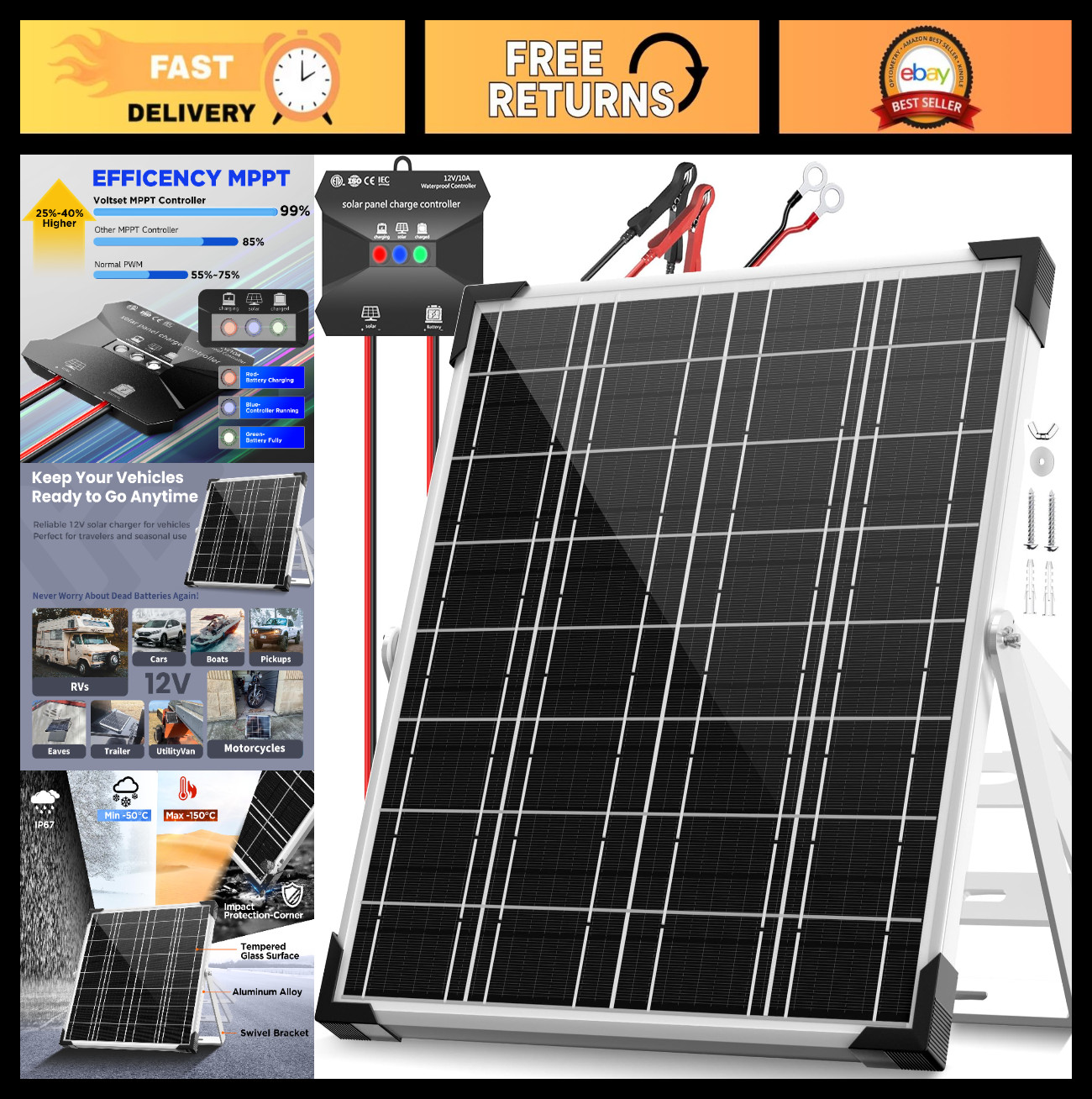 12V Solar Battery Charger Kit – 20W Waterproof Panel with Smart MPPT Controller